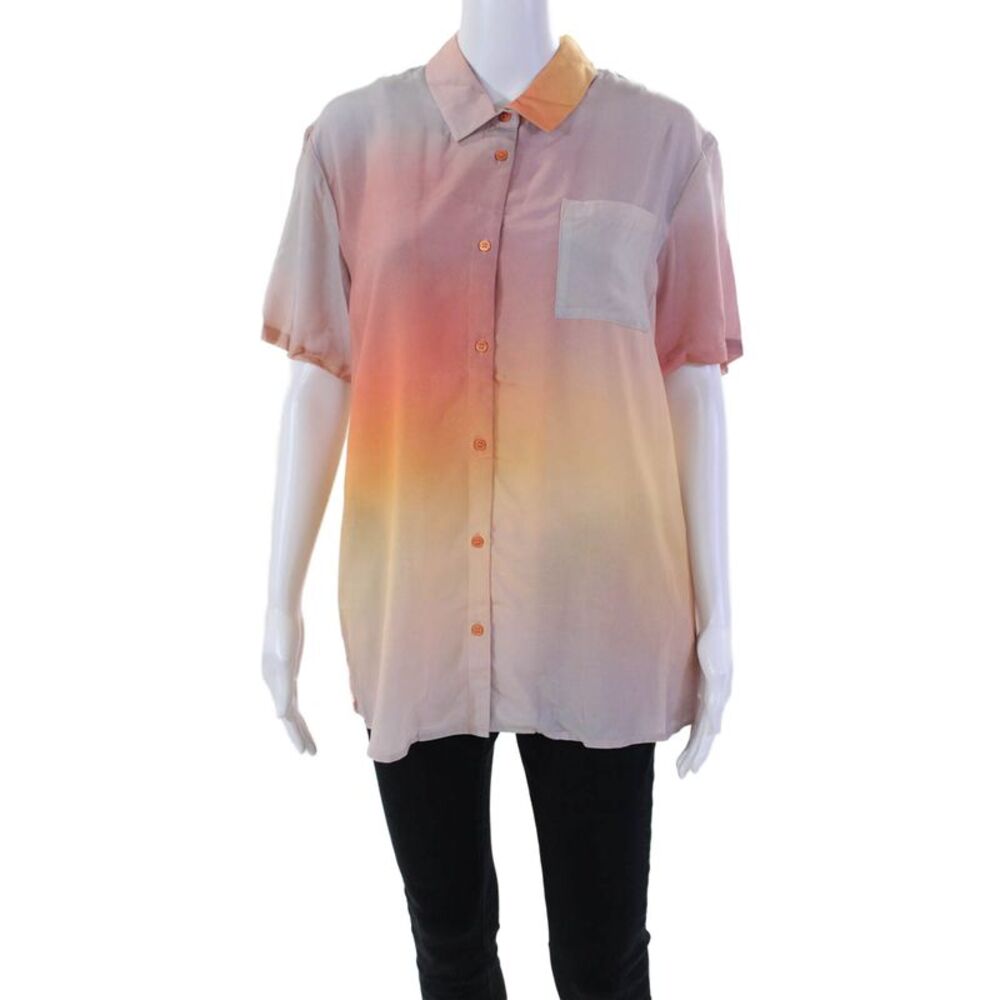 Veda Womens Textured Short Sleeve Button Up Ombre Blouse Nude Size S